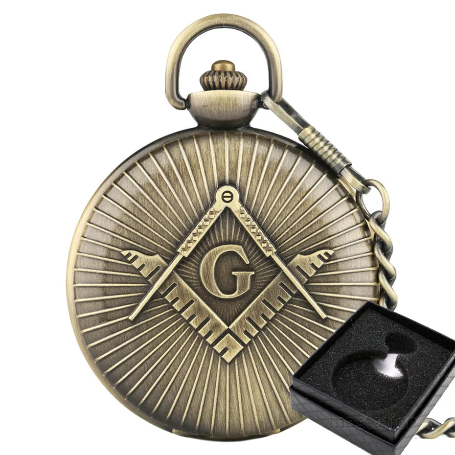 bronze with Box Сувенирная Коллекция Большой "G" масонский дисплей кварцевые карманные часы Роскошный Карманный кулон часы с 30 цепочкой стимпанк брелок цепь - Цвет: bronze with Box