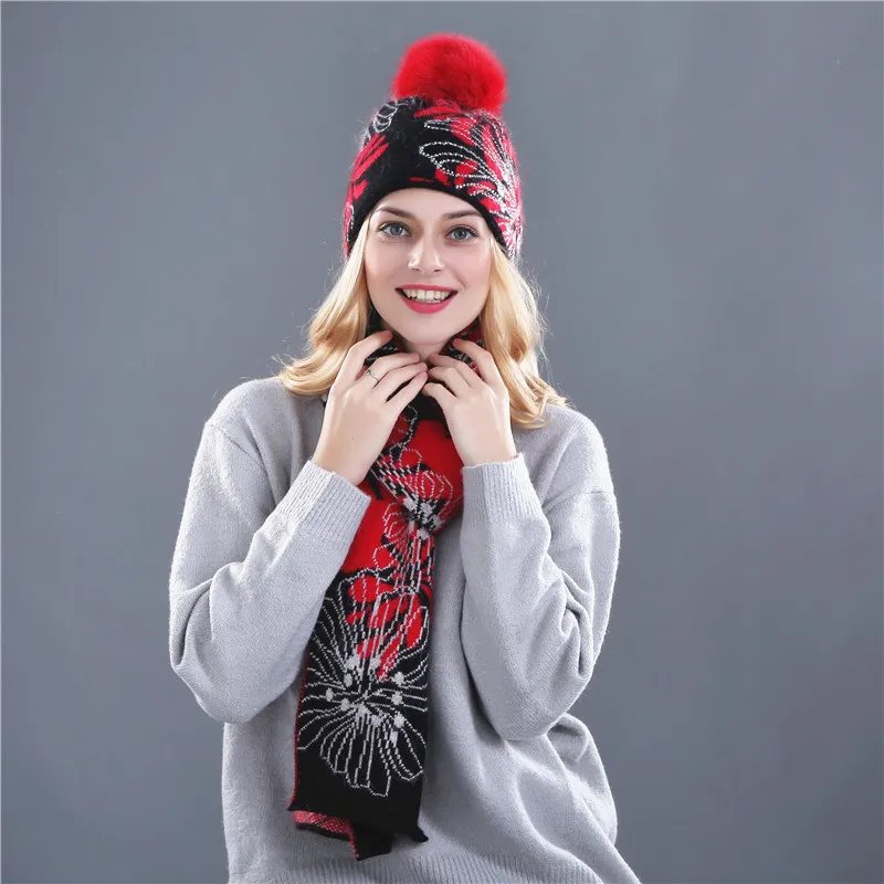 red pom Xthree, зимняя шапка, шарф для женщин, шапка для девочек, шерстяная вязаная шапка, шарф, набор и большой натуральный мех норки, помпон - Цвет: red pom