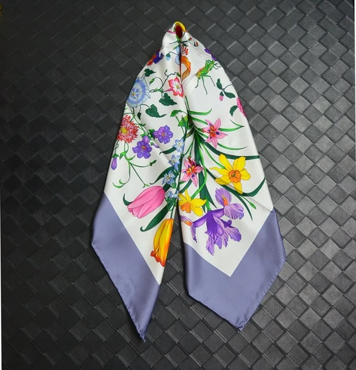Gray Purple Женский шарф с цветочным принтом, чистый шелк, шаль, модные шарфы, хиджаб, качество, ручная работа, 3" X 35" - Цвет: Gray Purple