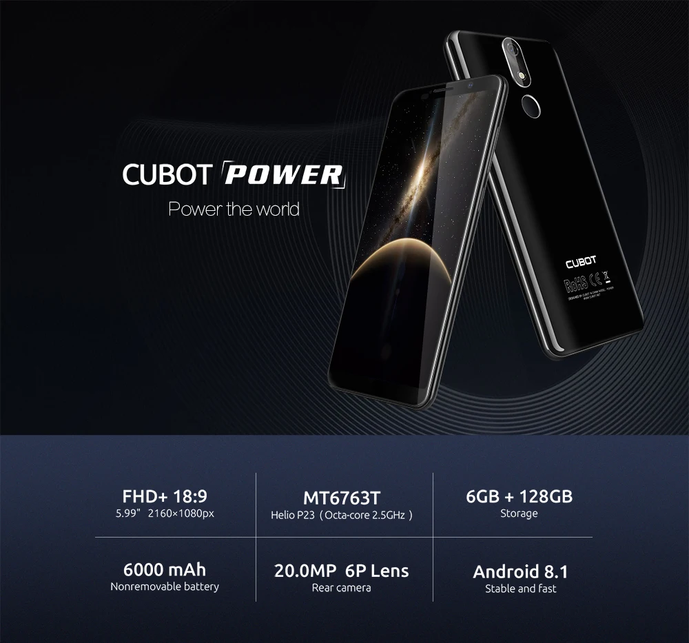 Cubot power 6 ГБ ОЗУ 128 Гб ПЗУ Android 8,1 18:9 5,99 'FHD+ полный экран MT6763T Восьмиядерный 6000 мАч телефон двойной 4G сеть 6P объектив