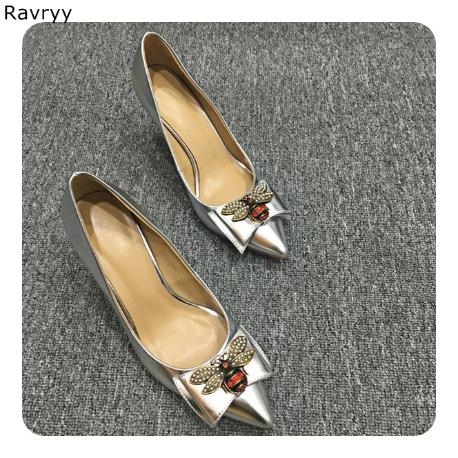 

Bee Woman's high heels silver sexy pump twinkling rhinestone female party dress shoe pointed toe slip-on stilettos single shoe