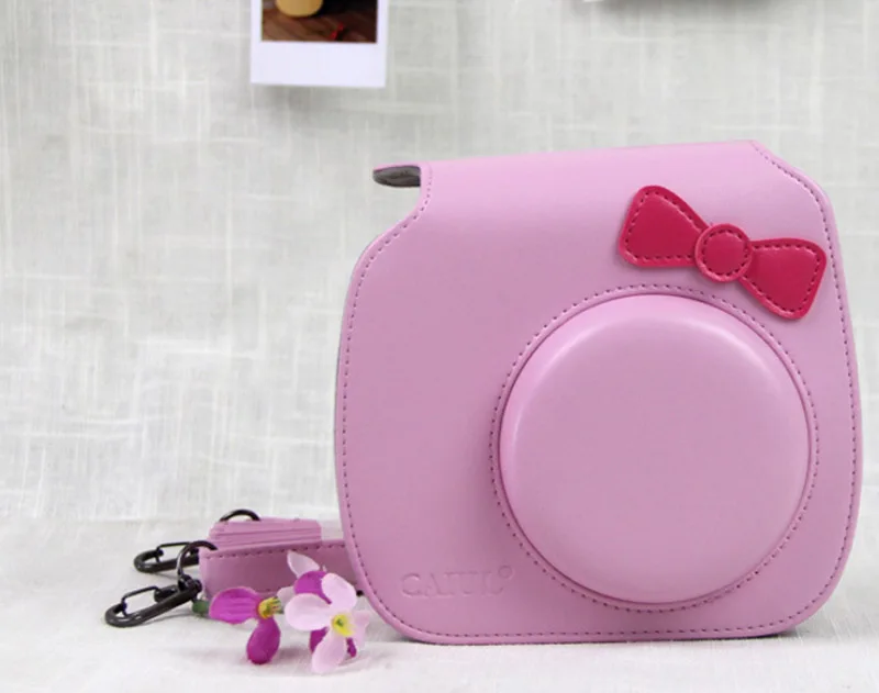 For Fujifilm Instax Mini Hello Kitty Bow-Knot Instant Film Photo Camera Carrying PU Leather Bag Case Cover with Shoulder Strap