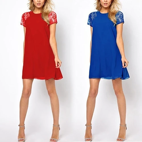 Женщин кружева шить выстрел рукавом шифоновое мини платье Мода открытой спиной |