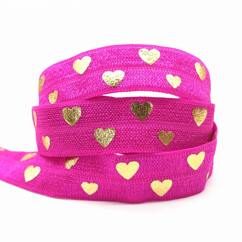 Neon pink 10 ярдов 15 мм Золотая фольга любовь сердце печать складывается над эластичной лентой враг Diy головной убор галстук Швейные Свадебные украшения, аксессуары - Цвет: Neon pink