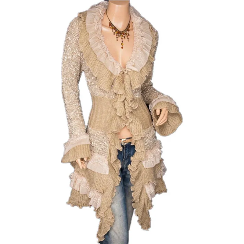 Ruffles sweater cardigan women knitted long autumn lace spliced vintage ladies cute ruffled collar butterfly Sleeve |