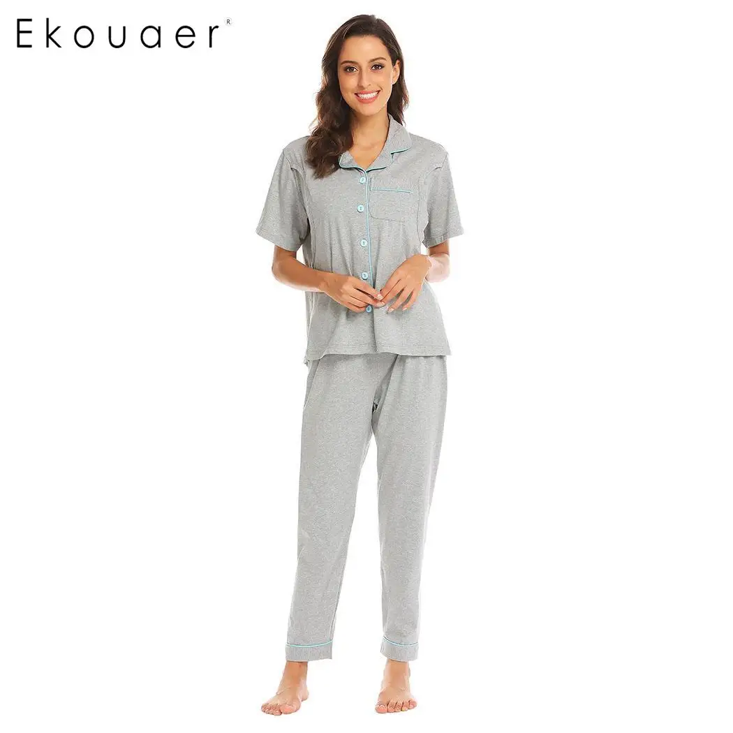 Женский пижамный комплект Ekouaer из хлопка с коротким рукавом и длинными штанами