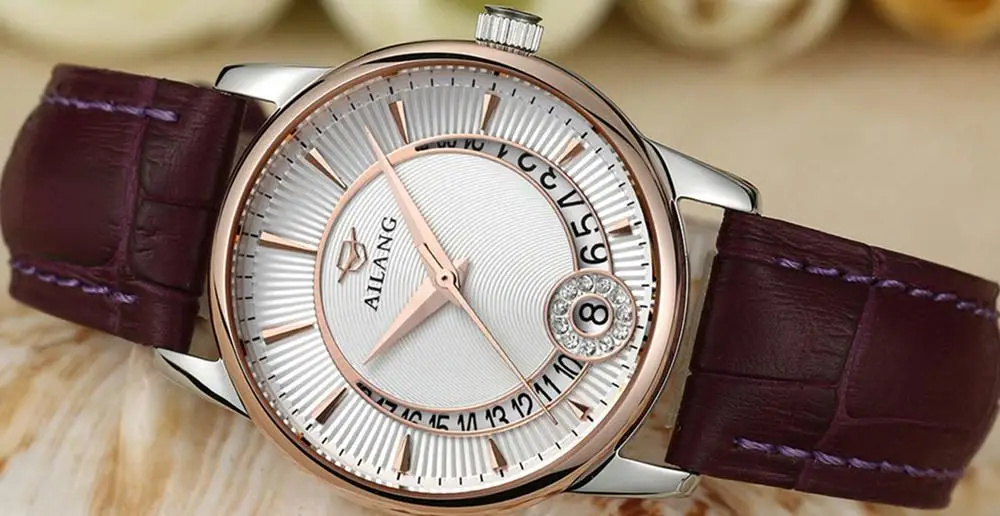 Purple Rose Gold Бренд AILANG, модные женские часы в деловом стиле, 30 м, водонепроницаемые, кожаные, автоматические наручные часы, самостоятельная Ветрозащита, Calendar Relojes NW7191 - Цвет: Purple Rose Gold
