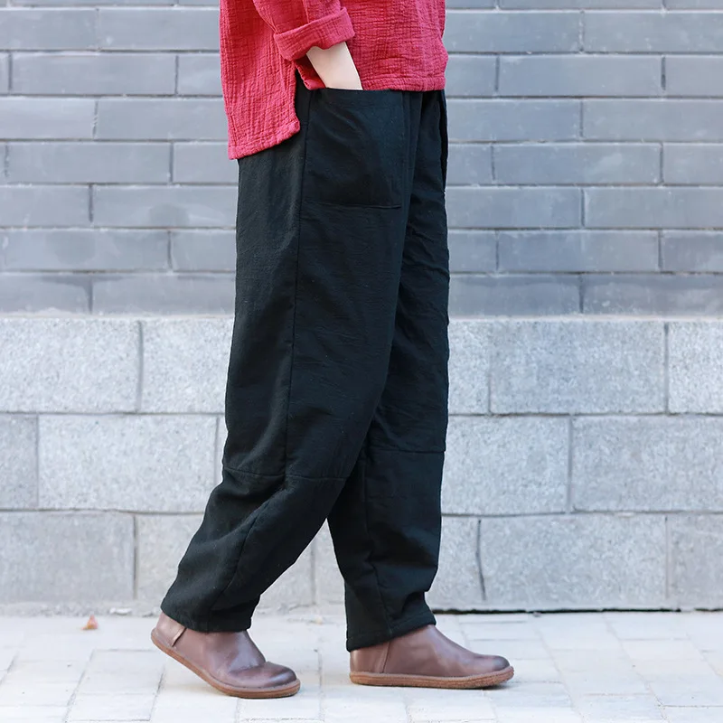 New women big size ramie trousers winter cotton linen wide pants cotton padded warm bottom top quality clothes for women