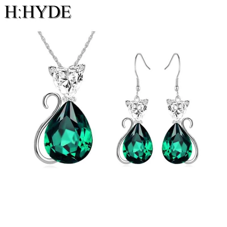 H: HYDE, 8 цветов, милые серьги-гвоздики с кошкой, ожерелье с подвеской, синий/зеленый/красный хрусталь, циркон, камень, ювелирные наборы для женщин, детей, девочек
