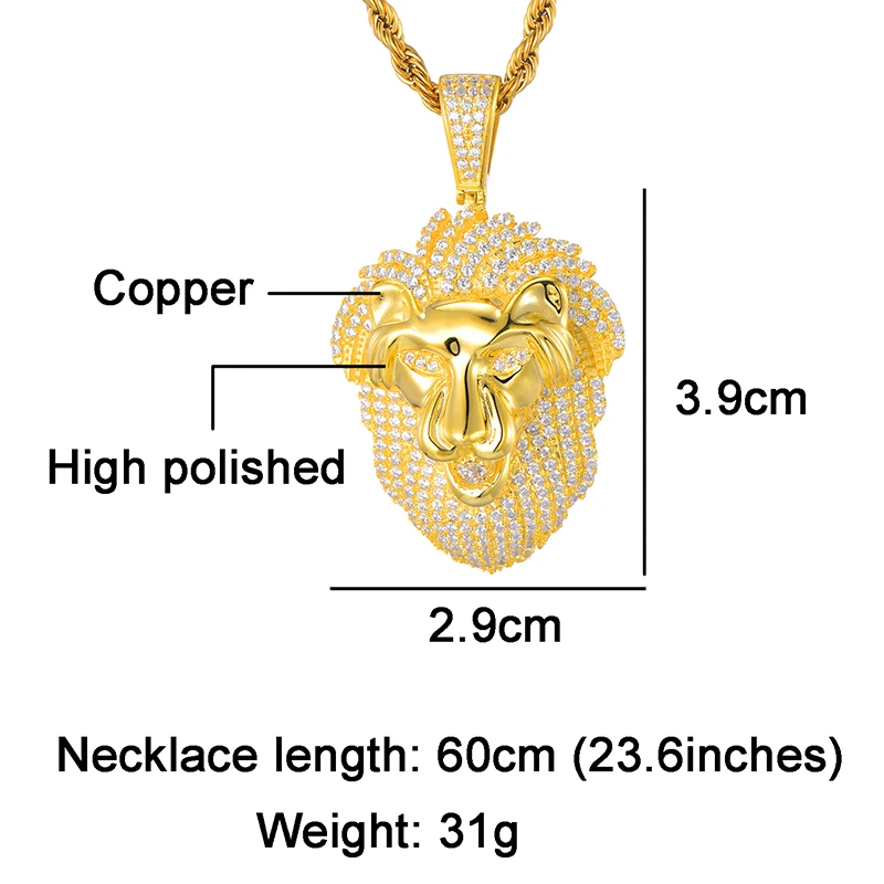 HIP Hop Copper Animal Bling Full Iced Out Lion Rope Chain Pendants &amp Necklaces for Men Jewelry Gold Color Dropshipping | Украшения и