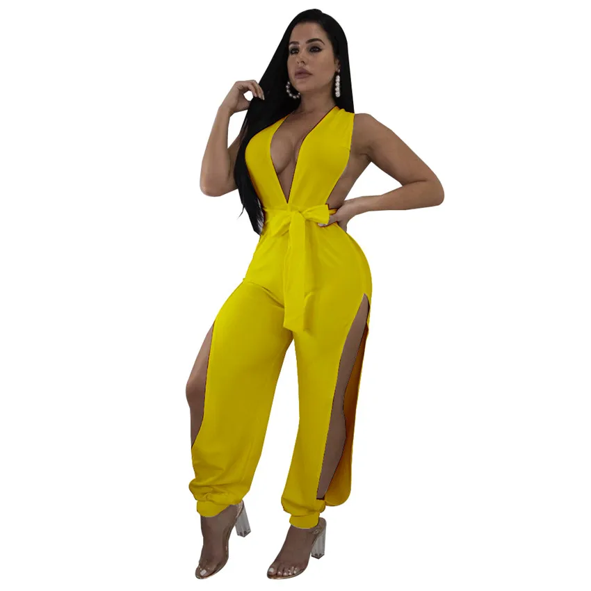 Wjustforu Summer Sexy Hollow Out Jumpsuit Women Bandage Bodycon Off Shoulder Overalls Deep V Neck Backless Split Female | Женская одежда