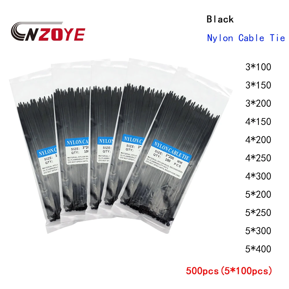 Самоблокирующиеся пластиковые нейлоновые кабельные стяжки 500 шт. черные