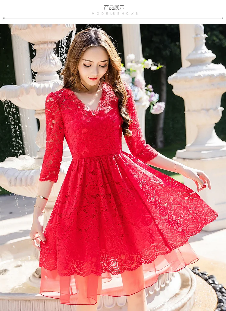 Женское элегантное кружевное платье из органзы с рукавом 3/4 и V-образным вырезом |