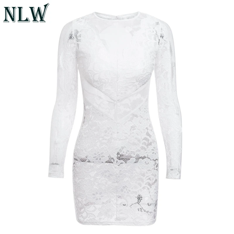 NLW Feminino Клубные мини платья с вырезами Прозрачное Кружевное белое платье женское