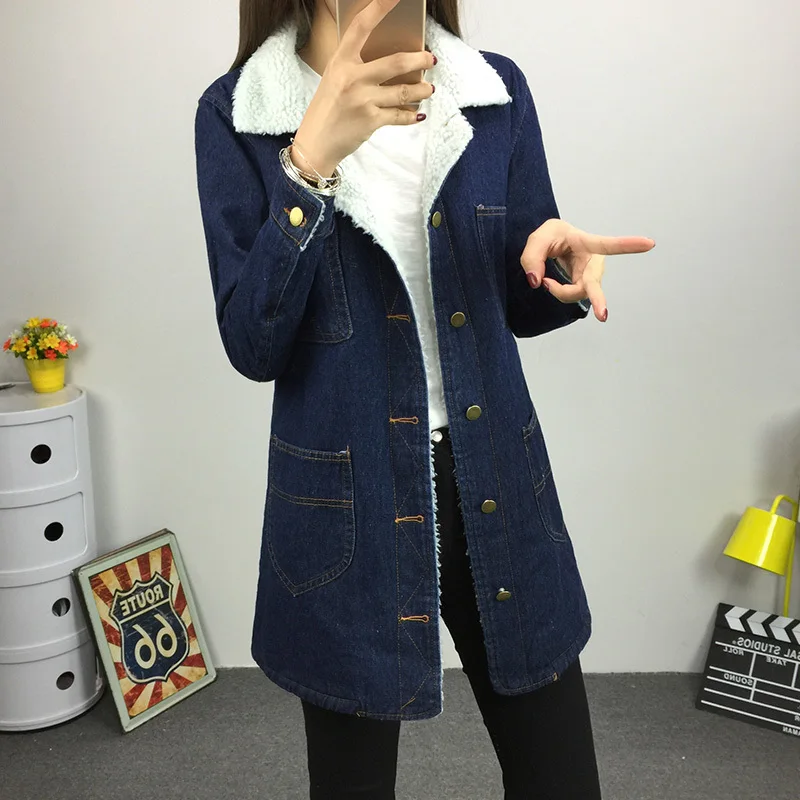 2018 зимняя женская толстая овечья шерсть мех Базовая джинсовая куртка с длинным