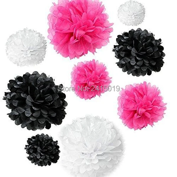 24xNew mixed sizes hot pink black white tissue paper bunting pom poms wedding party wall hanging decorative banner garland