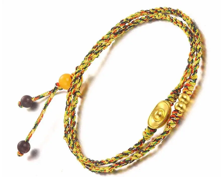 

Fashion Authentic 24K Yellow Gold Bracelet Lucky Ingot Beads Beads Knitted Bracelet