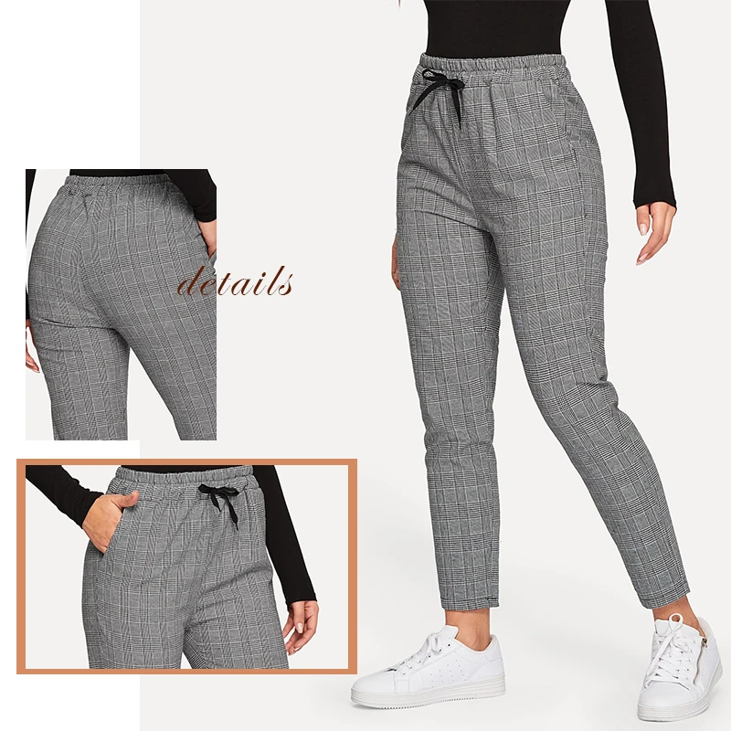 SweatyRocks, женские клетчатые брюки с завязками на талии, уличная одежда, серые брюки,, весенние Повседневные Классические зауженные брюки и брюки