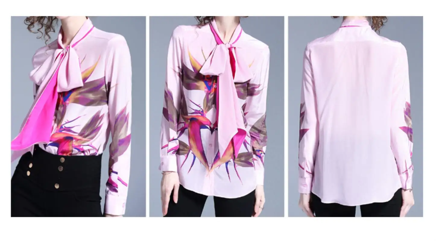 Женская модельная блузка с цветочным принтом длинным рукавом и воротником