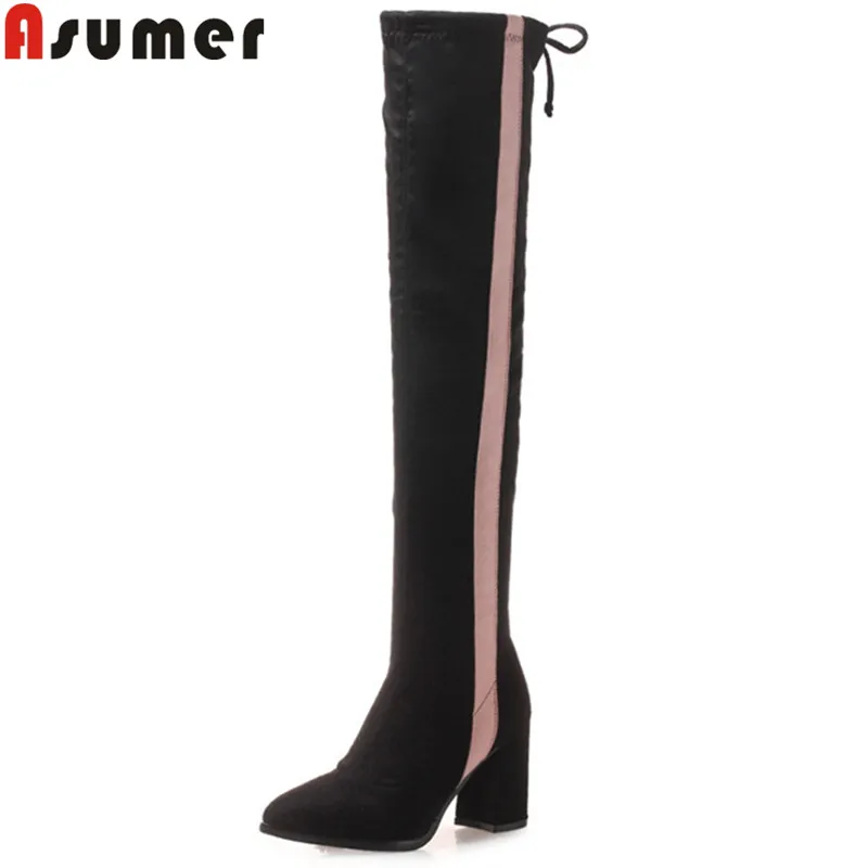ASUMER 2020 fashion autumn winter boots for women pointed toe flock over the knee square heels ladies long plus size | Обувь