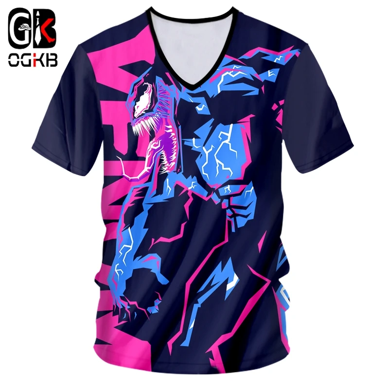 OGKB Summer V Neck T Shirts Male Short 3D Tee Shirt Printed Monster Alien Casual 5XL 6XL Garment Homme T-shirt | Мужская одежда