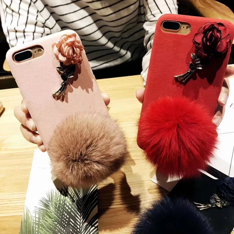 HOCAYU розы 3d чехол для телефона Iphone х лисий мех мяч Pom тканевый 7 плюс 8 девушка