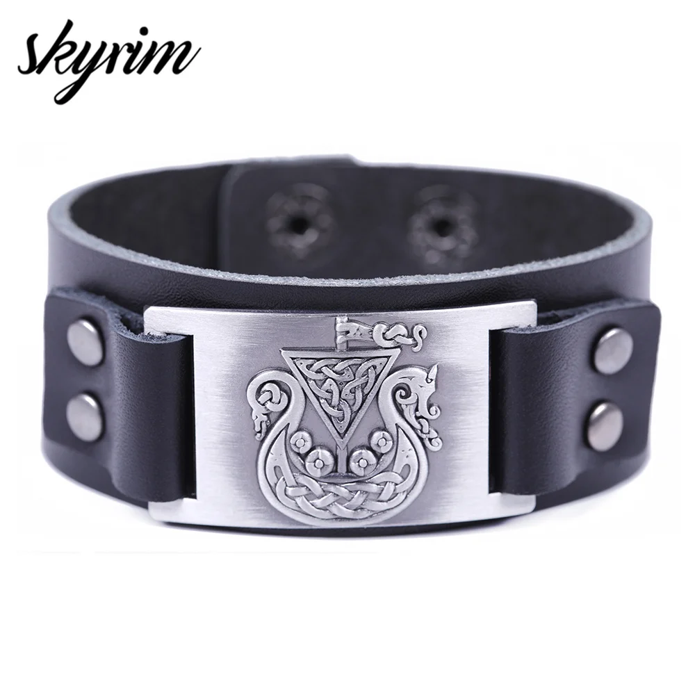 Skyrim широкий кожаный браслет с пиратской лодкой в стиле викингов Ирландский Узел