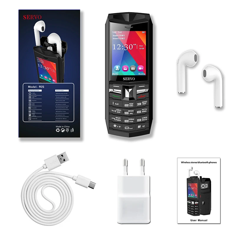 servo r26 2 4 mobile phone dual sim card with bluetooth 5 0 tws wireless earphones 2500mah power bank gsm wcdma gprs cell phone free global shipping