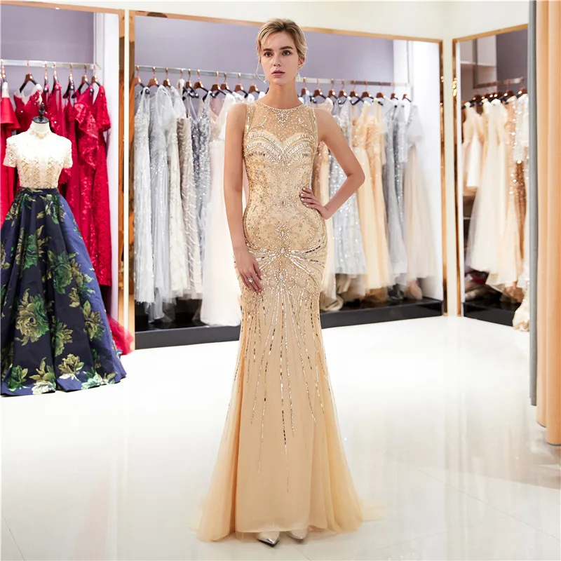 Elegant long prom dresses mermaid silver prom dress sleeveless high neck with sequins fully beads women evening party gowns