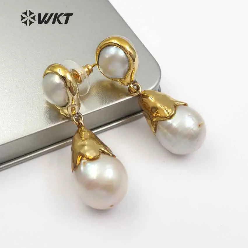 WT-E470 New arrival Beautiful Water drop Special Design Classic Natural baroque pearl Earring with full gold For women jewelry | Украшения