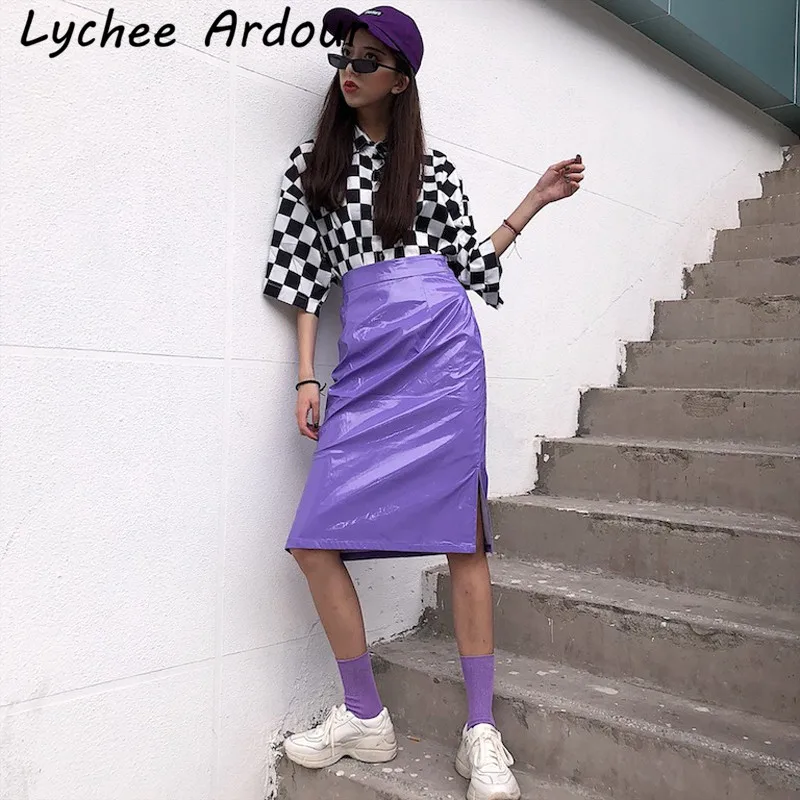 Lychee Ardour PU юбка с Боковым Разрезом фиолетовый сплошной цвет женские длинные юбки