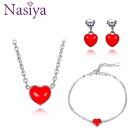 nasiya 925 sterling silver jewelry set fashion red heart necklace earrings bracelet for women girl friend anniversary gift