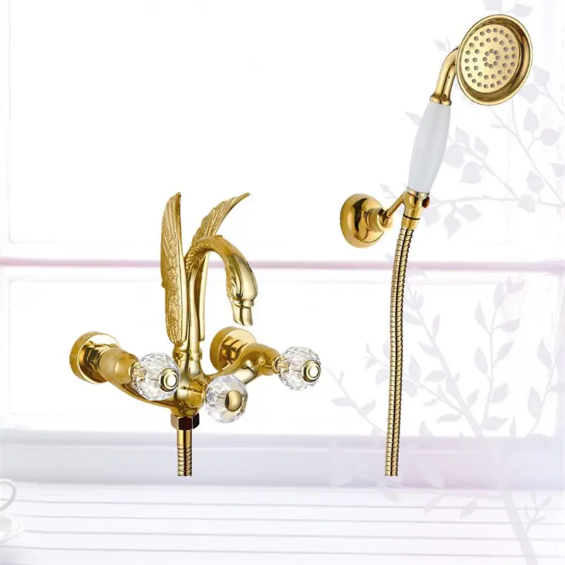 Смеситель для ванны настенный кран с лебедями из золотой латуни ручной душ набор