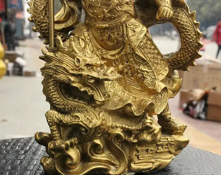 Китай латунь Дракон халат стенд воин Guan Gong Yu дверь меч с изображением Бога