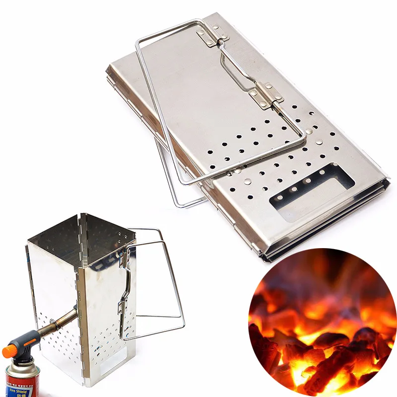 Portable Charcoal Starter Stainless Steel Outdoor BBQ Grill Foldable Chimney Starter