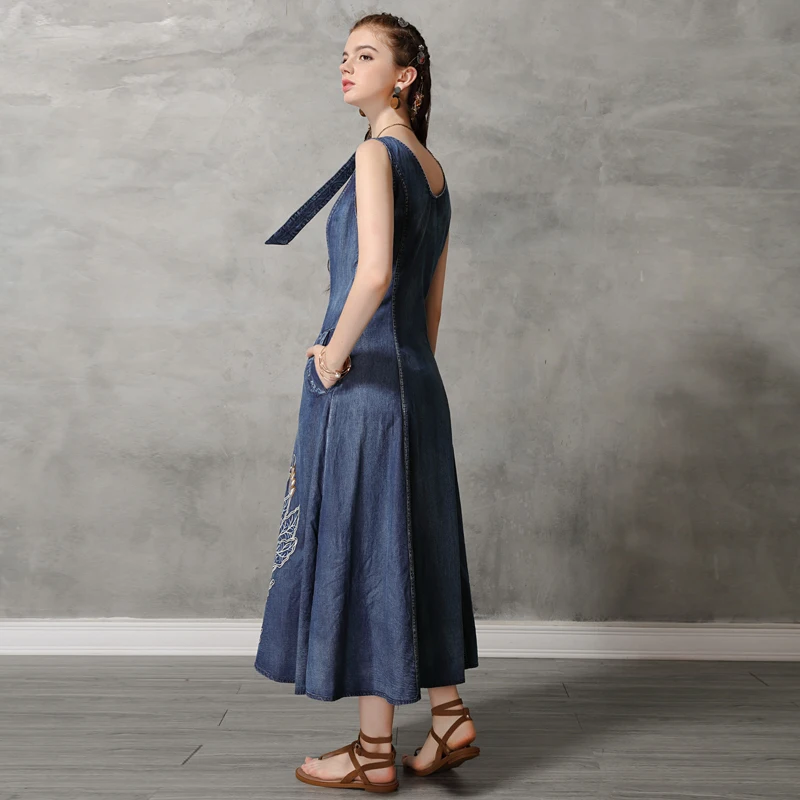 Винтажное летнее платье на бретелях 2019 хлопковые женские джинсовые платья с О