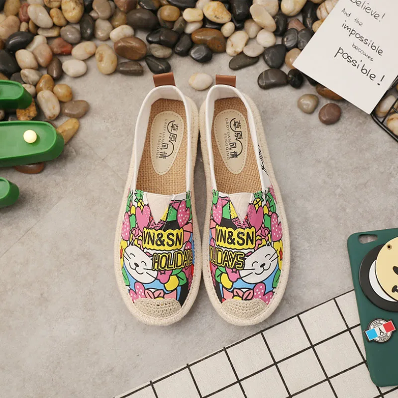 summer women's flat shoes breathable graffiti canvas linen women espadrilles non-slip casual white sneakers ballet flats - Цвет: Flower cat