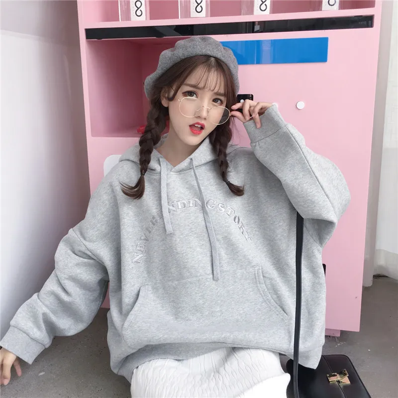 Толстовки с капюшоном с буквенным принтом и большим карманом Kawaii Большие размеры плюс бархатная плотная Женская толстовка Свободный трендовый милый женский пуловер