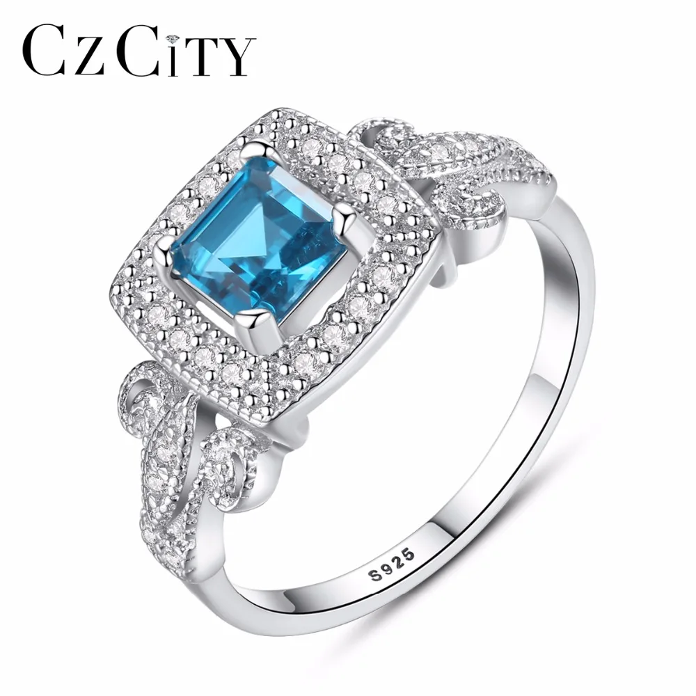 

CZCITY Classic Luxurious Natural Sky Blue Gemstone Royal Solid 925 Sterling Silver Engagement Rings For Women Wedding Charm Gift