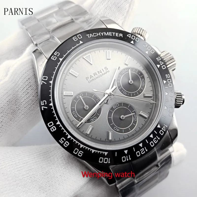 

Solid 39mm PARNIS Quartz men's watch Full Chronograph gray dial luminous sapphire glass black bezel stop watch men W2880
