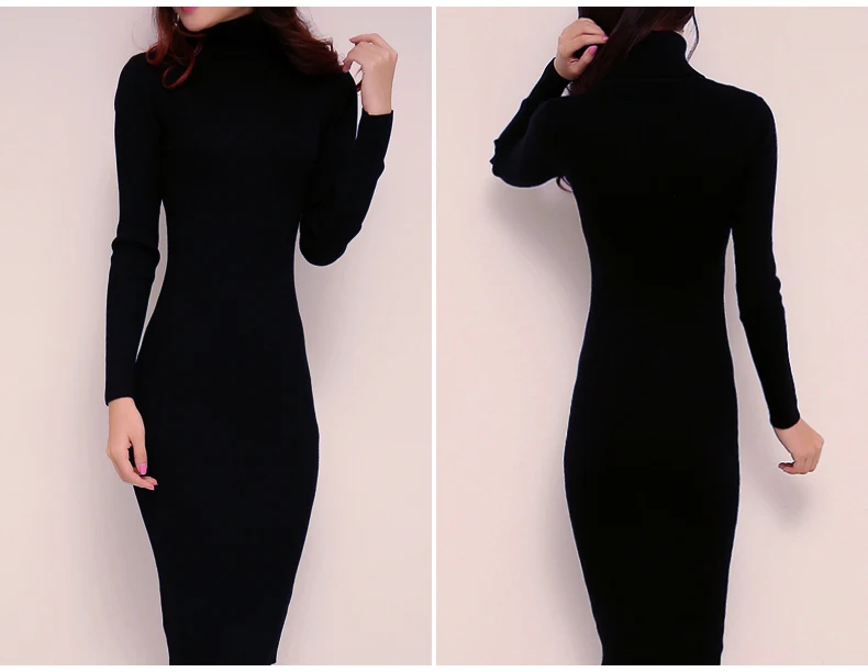 Женское трикотажное платье свитер облегающее длинное с высоким воротником