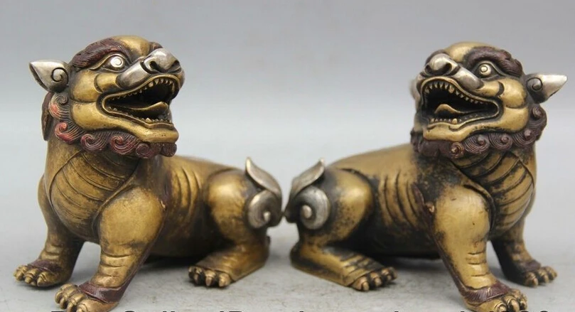 

song voge gem S1908 5 Chinese Fengshui Purple Bronze Silver Foo Fu Dog Guardion Lion Statue Pair