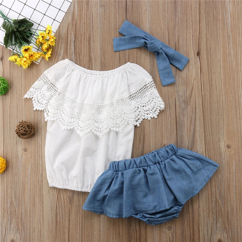Летний комплект одежды для новорожденных девочек кружевные оборки белые топы