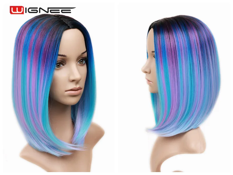 Mixed Purple Blue Wignee короткие прямые волосы синтетический боб парики Смешанные фиолетовый/розовый/синий/натуральный черный парик цвета радуги Glueless косплей женские волосы парики - Цвет: Mixed Purple Blue