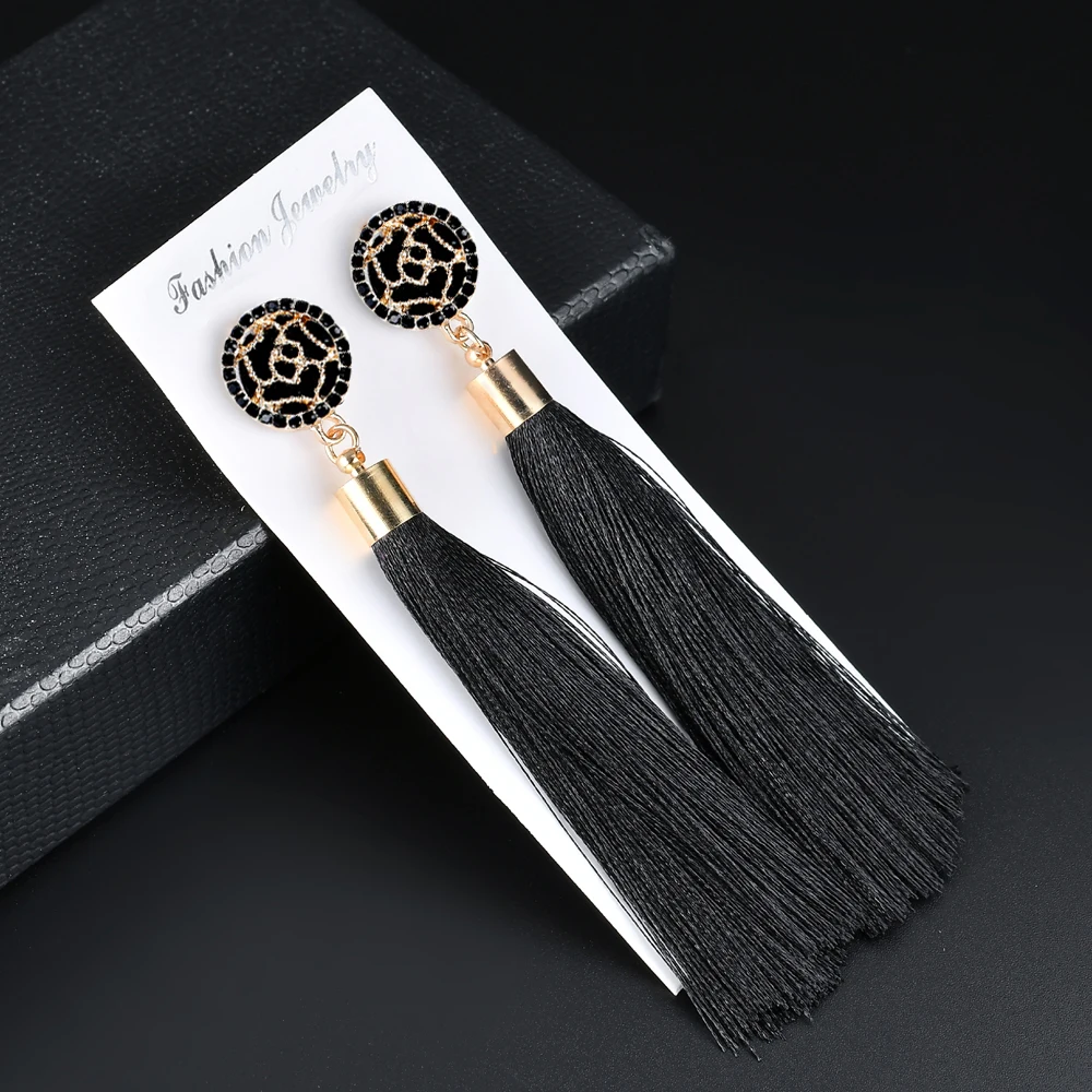 Женские длинные серьги с кристаллами и кисточками модные из голубой шелковой