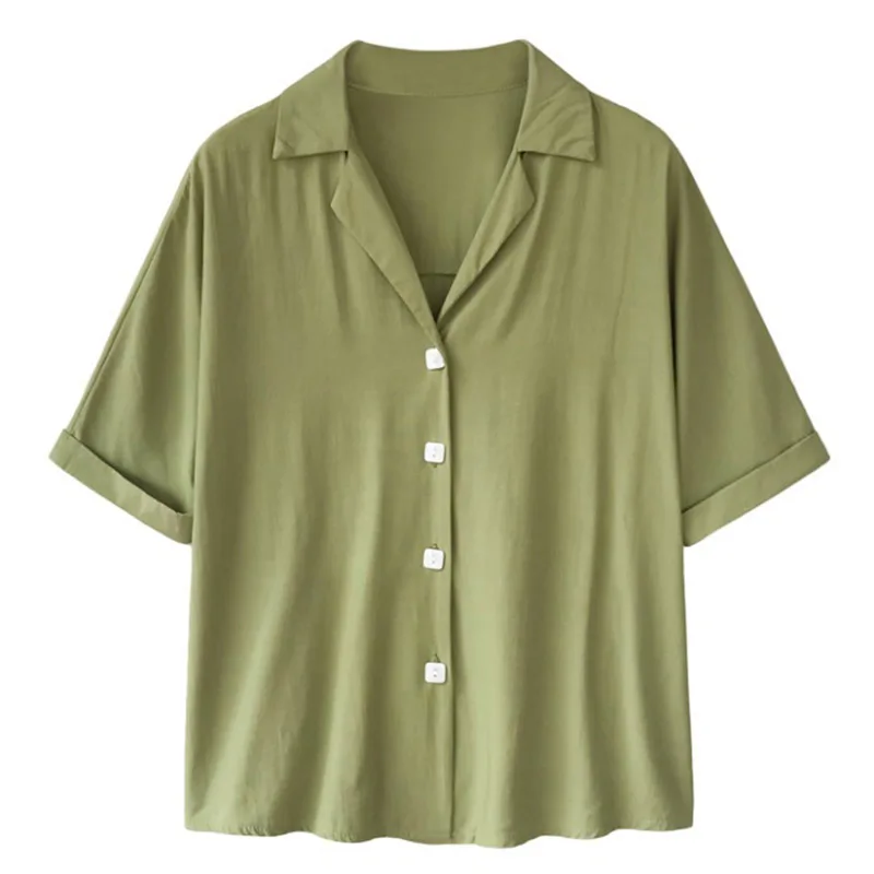 

Summer Top Women Wild Vintage Solid Casual Green Blouse Loose Cotton Short Sleeve Lapel Blouses Plus Size M-4XL