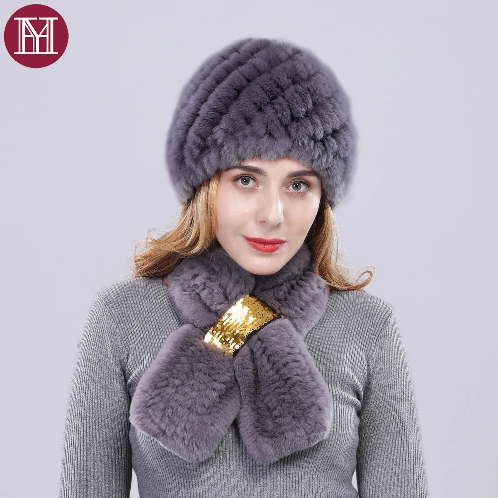 Зимний женский натуральный с мехом кролика шапка и шарф комплект из 2 предметов