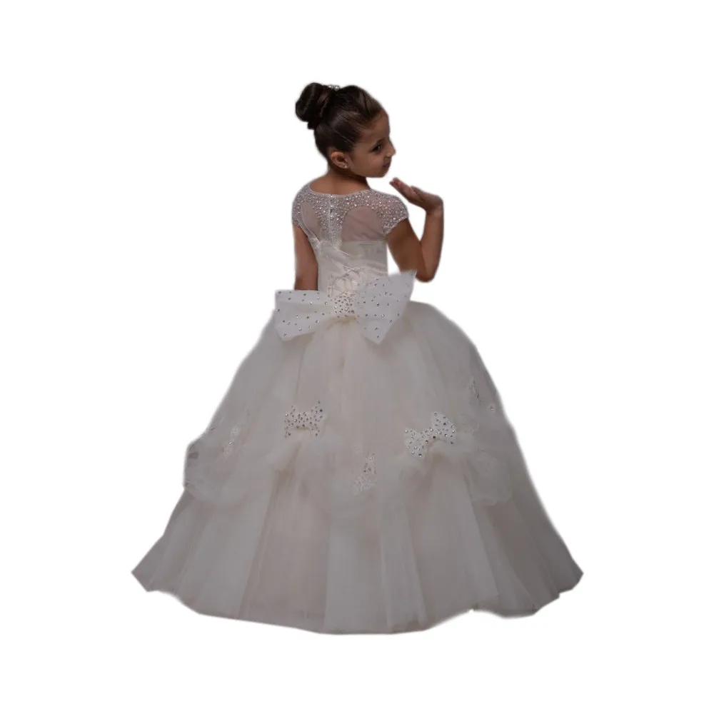 Бисером тюль с коротким рукавом девушки цветка платья выпускные причастие