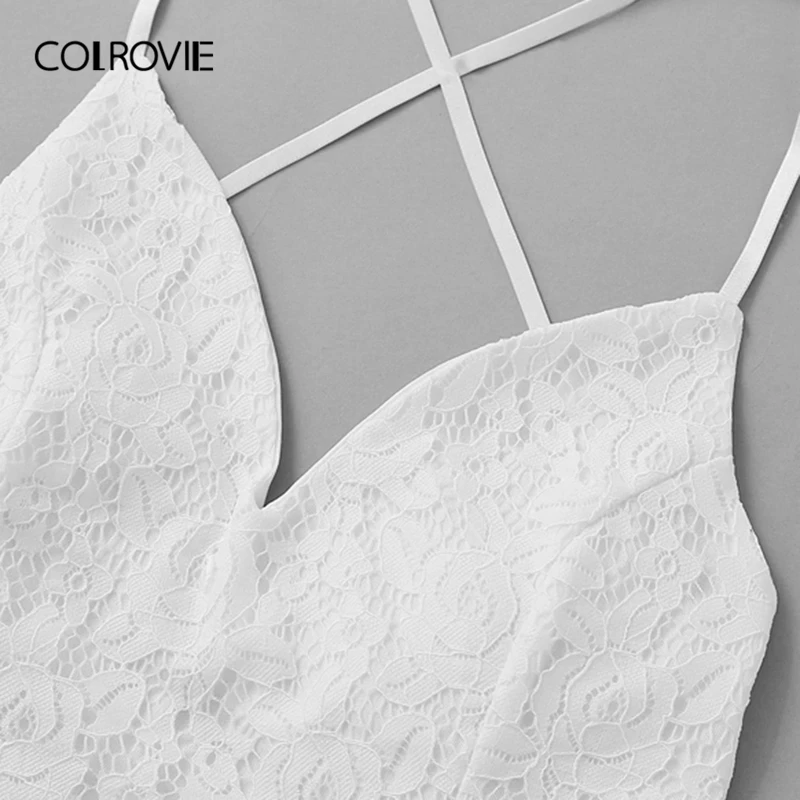 COLROVIE/Белое Платье Бохо без рукавов с v-образным вырезом и перекрещивающимся крестиком сзади, с кружевной панелью и растительным принтом, женские летние расклешенные короткие платья года