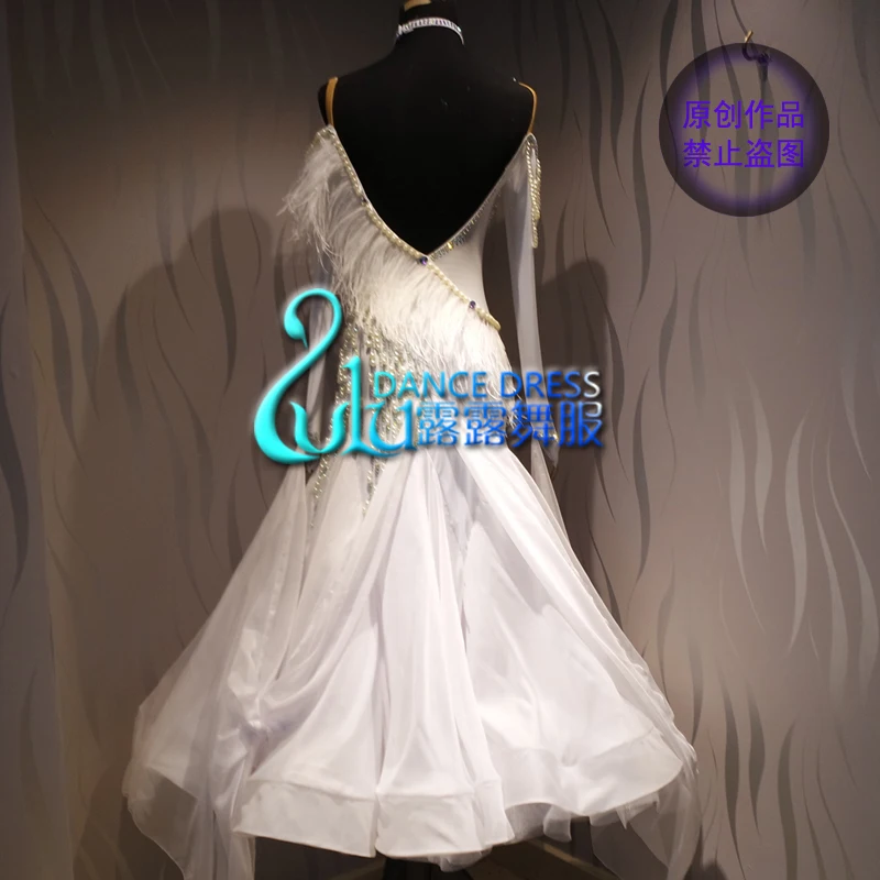 Женское Свободное платье для танго, вальса, гладкого американского танца 8, платье для танцев, платье для бальных танцев, белое жемчужное платье для бальных танцев